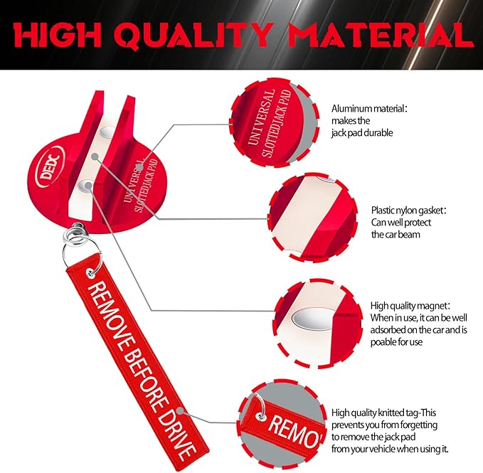 DEDC Universal Aluminum Grooved Magnetic Jack Pad Red 1 Pc, Jacking Puck Pinch Weld Frame Rail Adapter with 1 Reminder Streamer, Car Accessories for Men