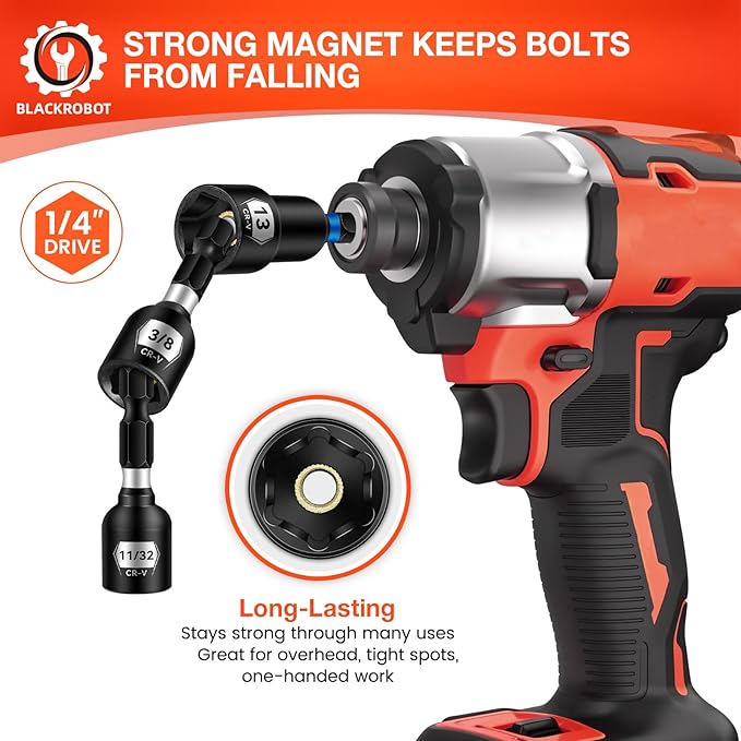 BLACKROBOT Impact Magnetic Nut Driver Set, 34-Piece Metric & SAE Driver Bit Set, Deep Nut Driver Set, 1/4'' Quick Change Cr-V Steel Hex Nut Drivers with Sturdy Tool Box
