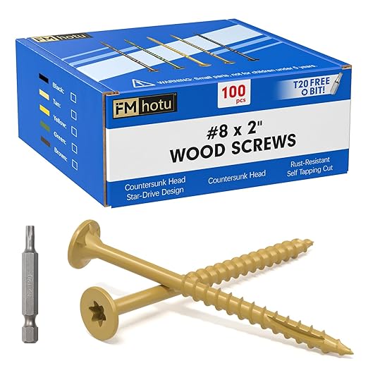 #8 x 2” Deck Screws, 100Pcs Star Drive Wood Screws, Rust Resistant Timber Screws for Timber/Log/Landscaping Wood, T20 Star Bit Included, Yellow