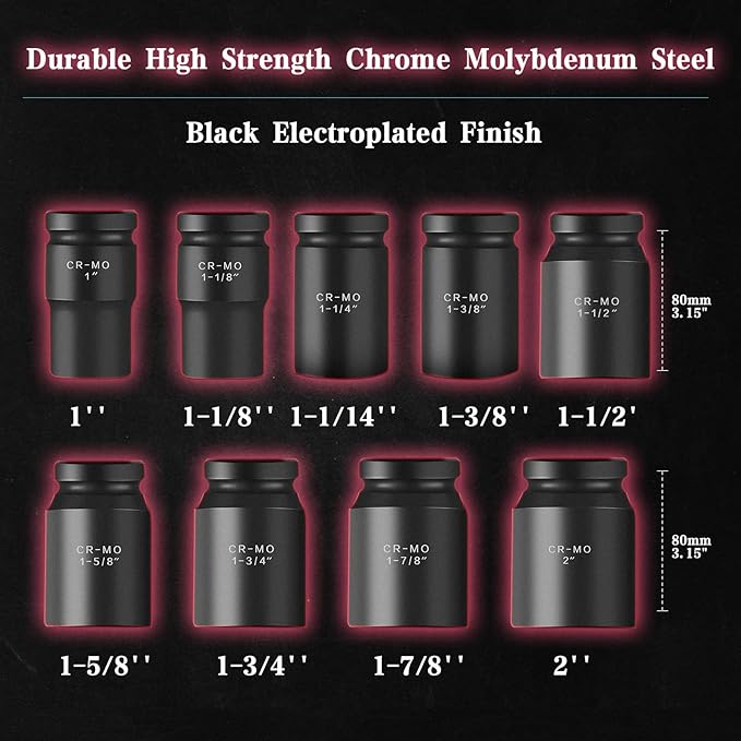 1 Inch Drive Deep Impact Socket Set,9 Pieces,6-Point,SAE Sizes (1",1-1/8",1-1/14",1-3/8",1-1/2",1-5/8",1-3/4",1-7/8",2"),Cr-Mo Steel