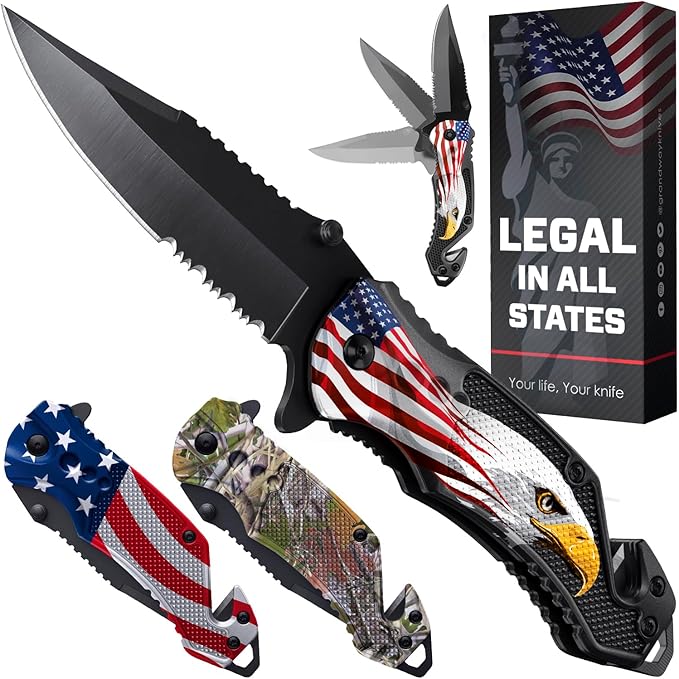 GOOD WORKER Legal Pocket Knife with 2.95??Serrated Blade, Glass Breaker, Seat Belt Cutter - EDC Sharp Folding Knives with Portable Clip - Small Tool for Tactical Camping Survival Hiking - Gifts for Men, Women