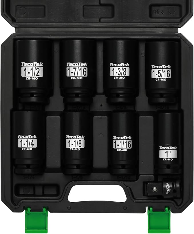 3/4" Drive Deep 6-Point Impact Socket Set, 9-Piece Jumbo Assortment, SAE, Cr-Mo, 1-Inch to 1-1/2-Inch Size, 1/2" F to 3/4" M Impact Socket Adapter