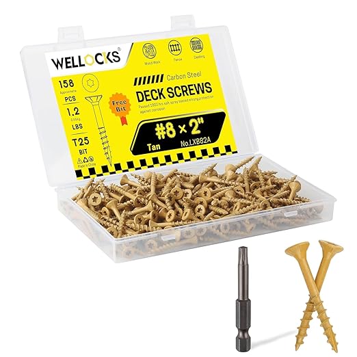 WELLOCKS Deck Screws, Wood Screws, Tan, Superior Rust Resistant, Epoxy Coated, Above 1000 Hour Salt Spray Coating T25 Torx Star Bit Included for Outdoor Wood Fence (1.2LBS Tan, #8횞2")