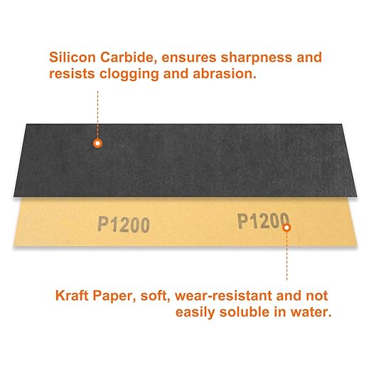 HARFINGTON 50pcs Sandpaper 1200 Grit 9 x 3.6 Inch Waterproof Backing Silicon Carbide Abrasive Wet Dry Sanding Sheets for Wood Finishing, Metal Sanding, Automotive Polishing