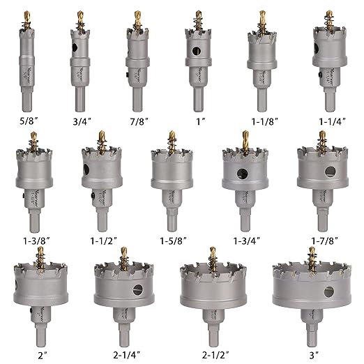 15PCS Carbide Hole Saw Kit, 5/8'' to 3'' Metal Hole Cutter with Pilot Drill, Holesaw for Hard Metal, Stainless Steel, Iron, Mild Steel, Aluminium, Alloy, Plastic, Fiberglass