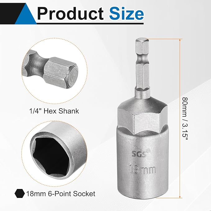 HARFINGTON Nut Driver Drill Bit 18mm Metric Socket 1/4" Hex Shank 3.15" (80mm) Long 6-Point Sockets Quick Change CR-V Steel Bolt Setters for Power Drill Drivers