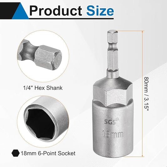HARFINGTON Nut Driver Drill Bit 18mm Metric Socket 1/4" Hex Shank 3.15" (80mm) Long 6-Point Sockets Quick Change CR-V Steel Bolt Setters for Power Drill Drivers