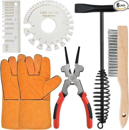 6Pcs Welding Accessories, Chipping Hammer 10.55 In, Pliers 8.07 In, Wire Brush 9.84 In, Metal Sheet Gauges and Welding Gloves, Essential Welder Cleaning Set for Slag Removal & Maintenance