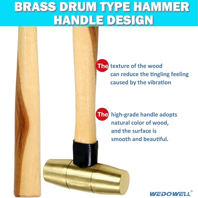 WEDOWELL 6lb Brass Hammer with Wooden Handle,Drum Type Mallet,Solid Brass Head,Length 400mm,Shock-resistant,Die-forged,DIN Standard,Ideal for Demolition,Construction,Blacksmithing