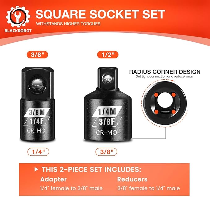 BLACKROBOT 2PCS Socket Adapter and Reducer Set, 3/8" to 1/4" & 1/4" to 3/8" Impact Socket Set, SAE Drive Cr-Mo Steel Exceeds ANSI Standards, Square Drive for Impact Driver Wrench
