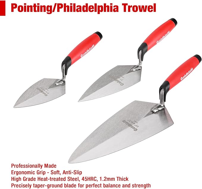 Goldblatt 6PCS Masonry Hand Tool Set - 11" x 5-1/2" Philadelphia Brick Trowel, 2PC Pointing Trowel, 5" x 2" Margin Trowel, 1/2" Tuck Pointing Trowel, 5/8??x 1/2??Convex Brick Jointer