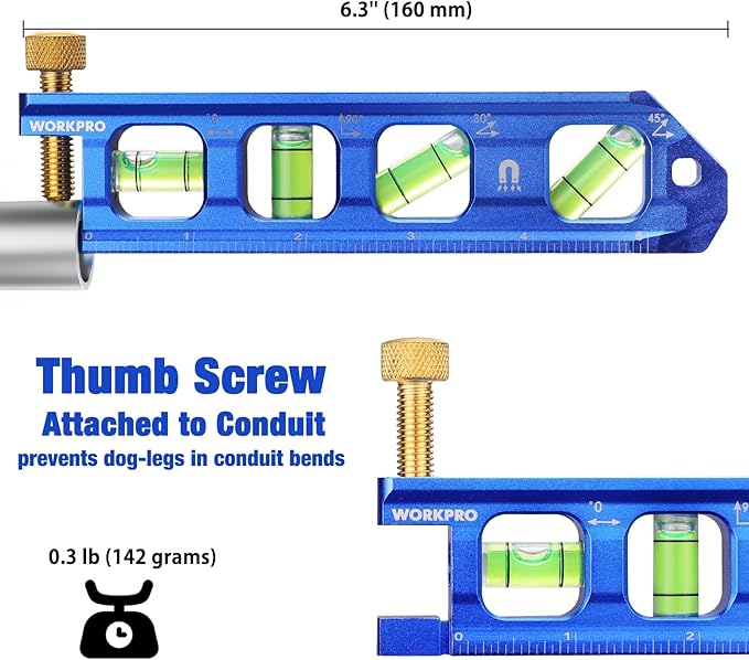 WORKPRO Magnetic Torpedo Level, Conduit Bending Level, Bubble Vials for 0째/90째/30째/45째 Measurements, Aluminum Alloy Construction, 6.3-inch, Cobalt Blue