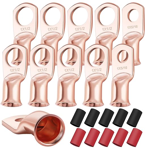 XHF 10PCS 1 AWG-1/2 Heavy Duty Battery Lugs with 3:1 Heat Shrink Tubing, Ring Terminals Battery Cable Ends Copper Eyelets Electrical Battery Connectors