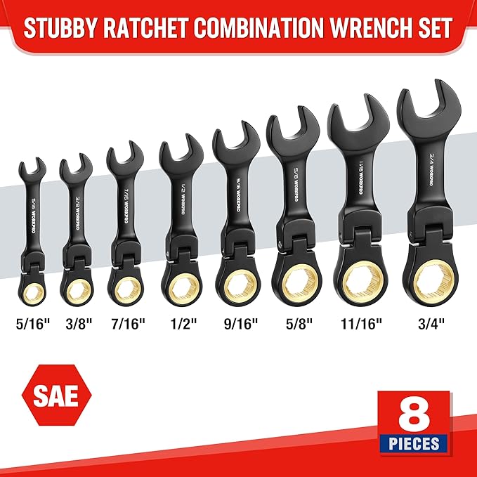 WORKPRO 8-Piece Stubby Anti-slip Ratcheting Combination Wrench Set, SAE 5/16-3/4 in, 72-Teeth, CRV, Black Electrophoretic Coating, Flex-Head Wrench Set with Rolling Pouch
