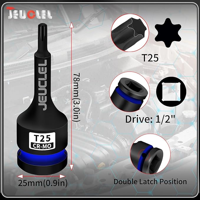 T25 Torx Bit Socket, 1/2" Drive Torx Star 6 Point Impact Bit Socket, 3-Inch, Cr-Mo Steel, Screwdriver Adapter for Electric Ratchet Wrenches Fastening Screws Hand Repair