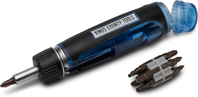 Kings County Tools Multi-Purpose Ratcheting Screwdriver | 3 Adjustable Handle Positions | Ergonomic & Sure-Grip Handle | 13 Steel Bits | Magnetic ABS Plastic Storage Cap