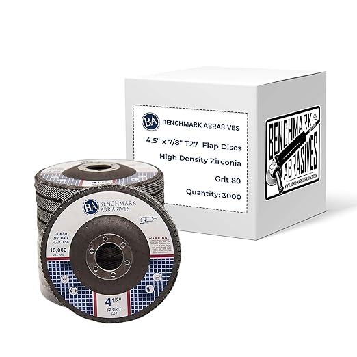 Benchmark Abrasives 4.5" x 7/8" Premium High Density Jumbo Zirconia Type 27 Flap Discs 4 1/2 for Angle Grinder, Sanding Discs, Finishing - Grinding Wheels 4 1/2 inch - (3000 Pack) - 80 Grit