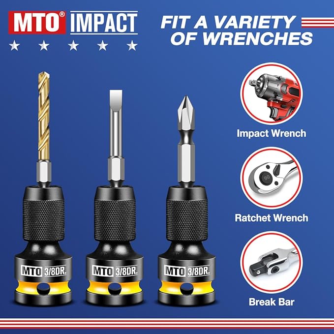 MTO 3/8-Inch Square Drive to 1/4-Inch Hex Socket Adapter, Quick Release Impact Bit Holder, for Impact Wrench Ratchet, CR-MO