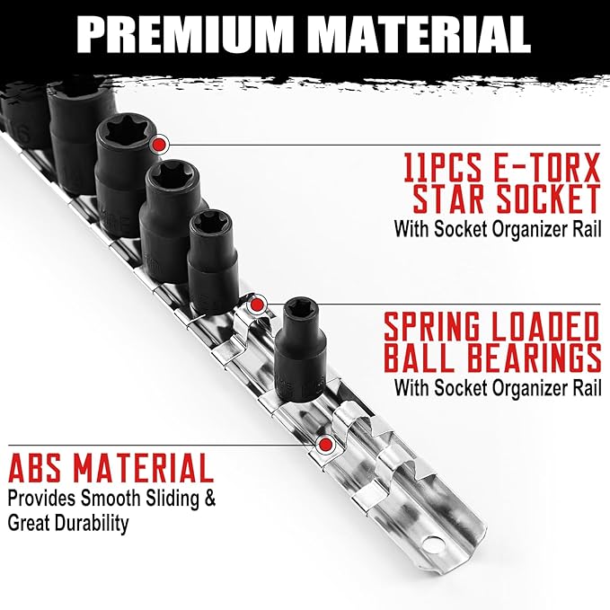 11-Piece E-Torx Socket Set, 1/4" & 3/8" Drive, E4-E20 Torque Socket Set