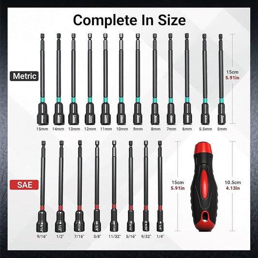 21-Piece Magnetic Nut Driver Set - SAE (1/4" to 9/16") & Metric (5mm to 15mm) Nut Driver Set with Non-Slip Silicone Grip Handle - Cr-V Magnetic Socket set