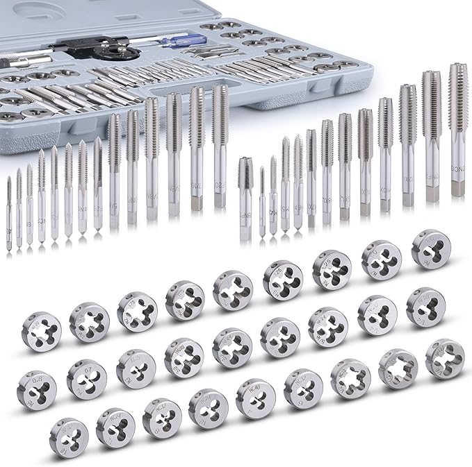 60-Pc Master Tap and Die Set - Include SAE Inch Size #4 to 1/2??and Metric Size M3 to M12, Coarse and Fine Threads | Essential Threading Rethreading Tool Kit with Complete Accessories and Storage Case