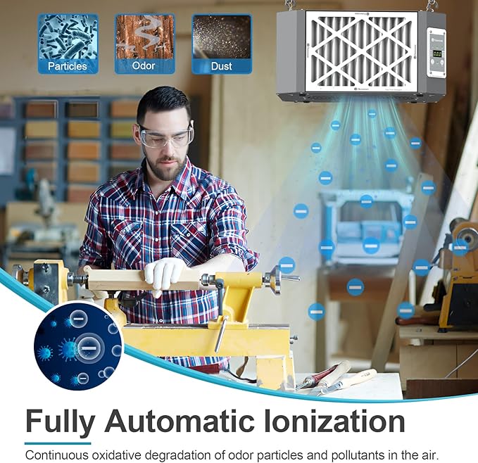 360째 Woodshop Air Filtration System Woodworking - 1050/1350 CFM, Built-in Ionizer, with Strong Vortex Fan, Shop Air Filtration for Garage, Works Shop, Dust Collectors System, Gray, KMF12D Pro