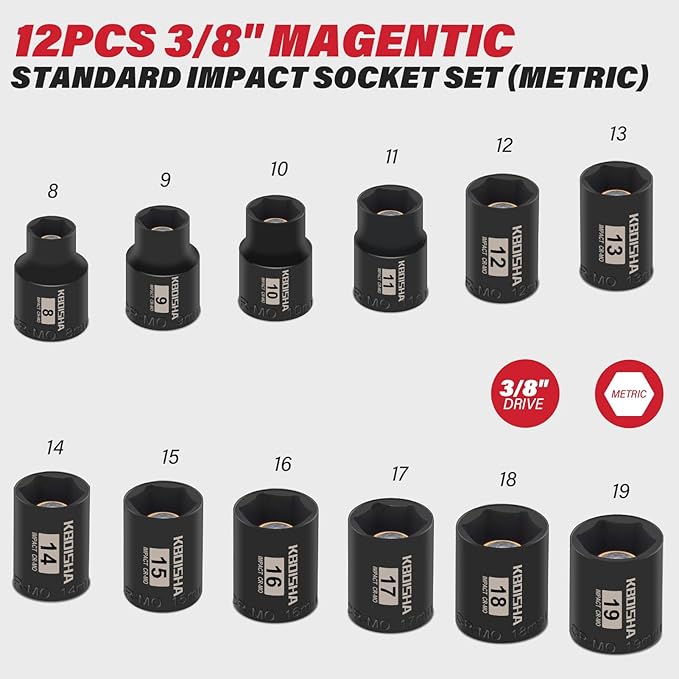 KBOISHA 3/8 Inch Drive Magnetic Socket Set,12-Piece Metric 8mm-19mm CR-MO Impact Socket Set with Heavy Duty Storage Case