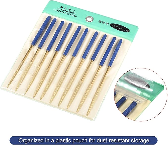 uxcell Diamond Needle File Set 3mm x 140mm, Round Files Titanium Coated Tools for Metal Wood Stone Glass, 10pcs