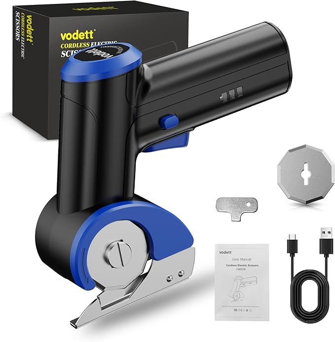 4V Cordless Electric Scissors, Rechargeable Cardboard Cutter with 2000mAh Battery, Safety Lock & 2 Blades ??Gift for DIY Crafts, Fabric, Leather Projects (Blue)