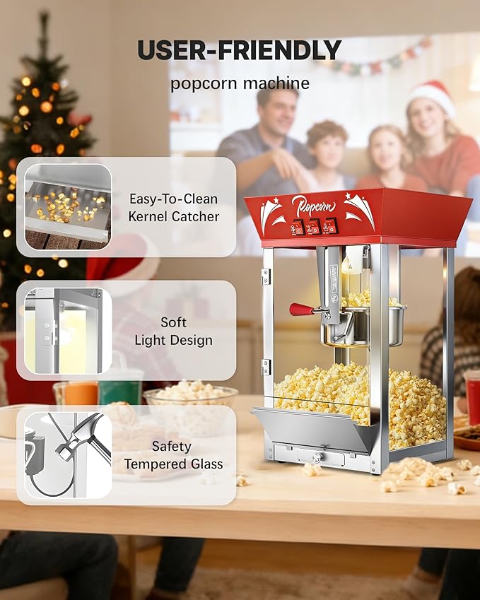 12 Oz Commercial Popcorn Machine, 850 W, Movie Theater Popcorn Machine, Red Tabletop Pop corn Machine with 3-Switch Control & Steel Frame Tempered Glass Doors for Home Theater