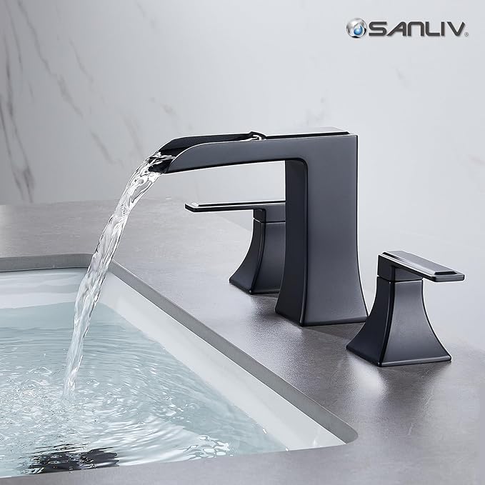Black Waterfall Bathroom Faucet, Sanliv 3-Piece Widespread Bathroom Faucet for 3-Hole Sinks 4-8 inch, Modern 2-Handle Vanity Faucet with Pop-Up Drain, Matte Black