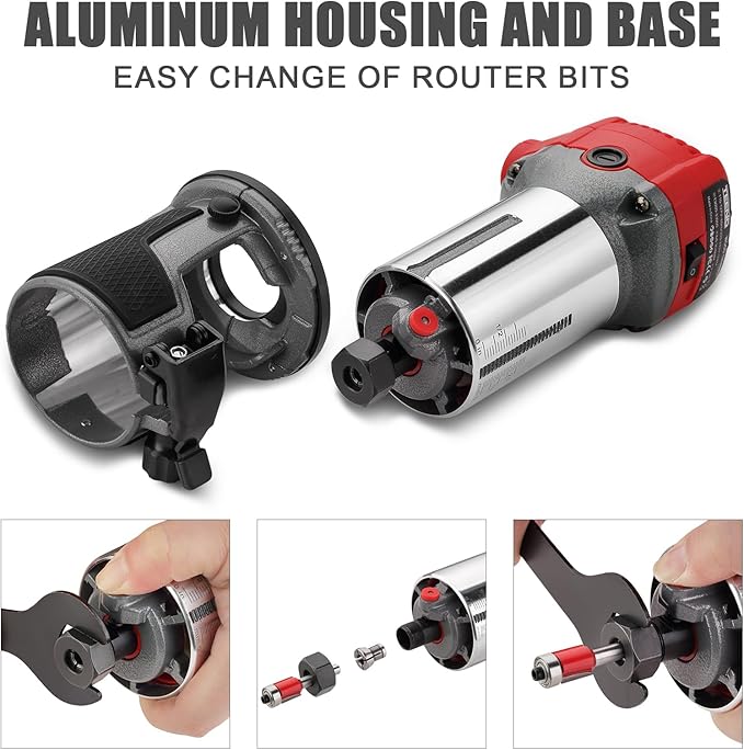 TEENO Wood Router, 6.5 Amp 1.25 HP Compact Router Tools for Woodworking, 13000-33000 RPM Hand Trim Router with 15pcs 1/4" Bits Set, 6 Variable Speeds, Edge Guide, Roller Guide