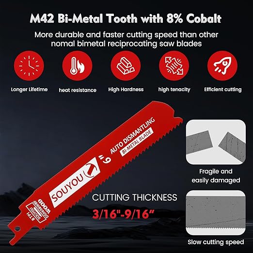 10 Pack 6 in 8 TPI Bi-Metal Reciprocating Saw Blades with Organizer Carbide Alloy Steel for Automobile Dismantling Metal Steel Cutting Non-Stick Coated for Less Heat for 1/16-5/16 Medium Metals