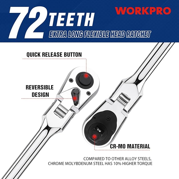 WORKPRO 1/2 inch Drive Extra Long Flex Head Ratchet, 24 Inch Long CR-V Steel Ratchet Handle with Chromium Plating, CR-MO Head, Quick Release Reversible Design, 72-Tooth