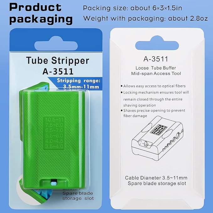 A-3511 Tube Stripper Stripping range 3.5-11mm Replaceable blade Cable Tube Slitter Fiber Optic Mid Span Cable Cutting Tool Jacket Tube Slitter Loose Tube Buffer with 12pcs spare blade