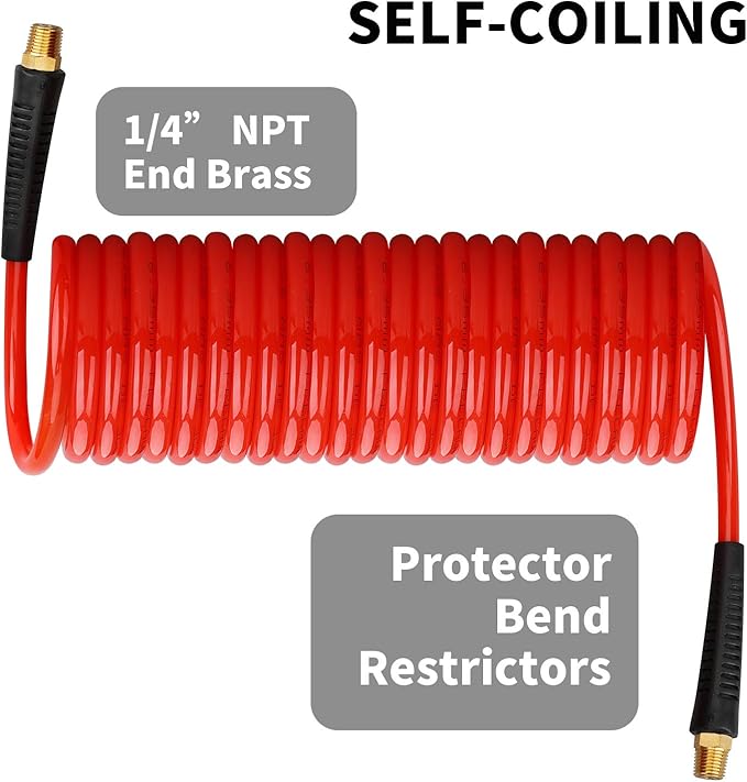 Hromee 1/4 in x 25 ft Polyurethane Recoil Air Hose with Bend Restrictors Compressor Hose with 1/4" Industrial Universal Quick Coupler and I/M Plug Kit, Red