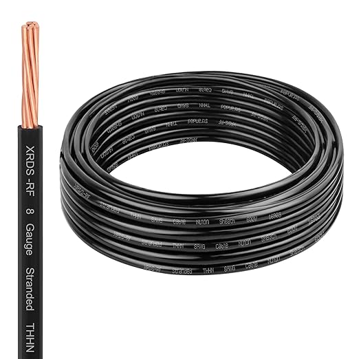 XRDS-RF THHN Wire 15FT, 8AWG Stranded Copper THHN Electrical Wire, Black Nylon-Coated Thermoplastic Insulated Cable for Indoor Conduit Wiring, 600V Rated