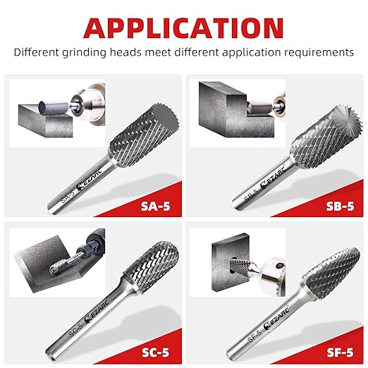 EZARC Tungsten Carbide Rotary Burr Bit, SC-5 Double Cut Carbide Burr 1/4" Shank Die Grinder Cutting Burrs Bit for Metal Working & Sturdy Storage Case
