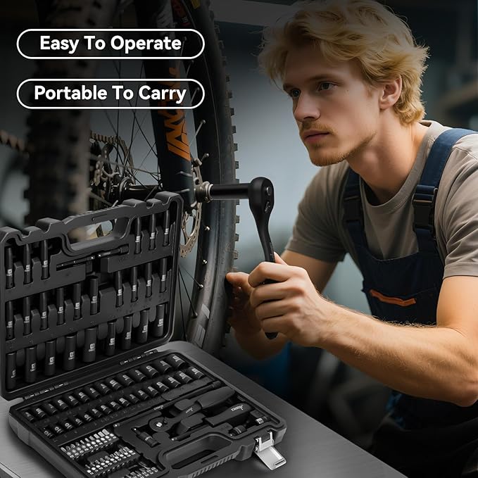 DISEN 94 PCS 1/4" Drive Impact Socket Set, Shallow & Deep Socket SAE(5/32"-9/16") & Metric(4-15mm), Torx Screwdriver Bit Set, 72T Ratchet Wrench Handle, CRV Tool Set with Adapter, Automotive Repair