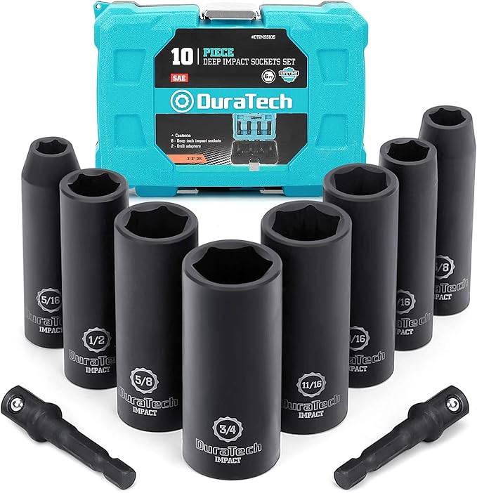 DURATECH 10-Piece 3/8" Drive 6 Point Deep Impact Socket Set, Including 8PCS Deep Impact Sockets in SAE Sizes (5/16", 3/8", 7/16", 1/2", 9/16", 5/8", 11/16", 3/4") & 2PCS 1/4" Hexagon Extension Bars