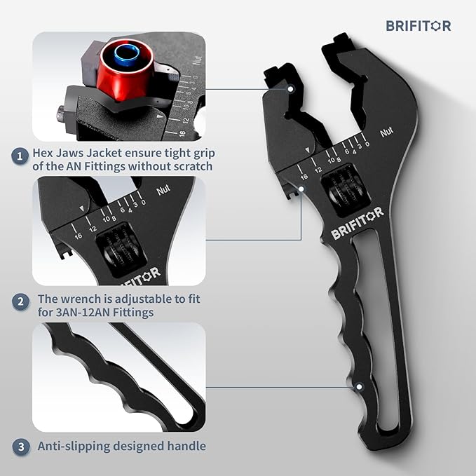 BRIFITOR Non Marring AN Fittings Wrench Adjustable Aluminum AN Wrench For 3AN-16AN Hose End Fittings With Replaceable Hex Type & Flat Type Jaw Protectors, Black.