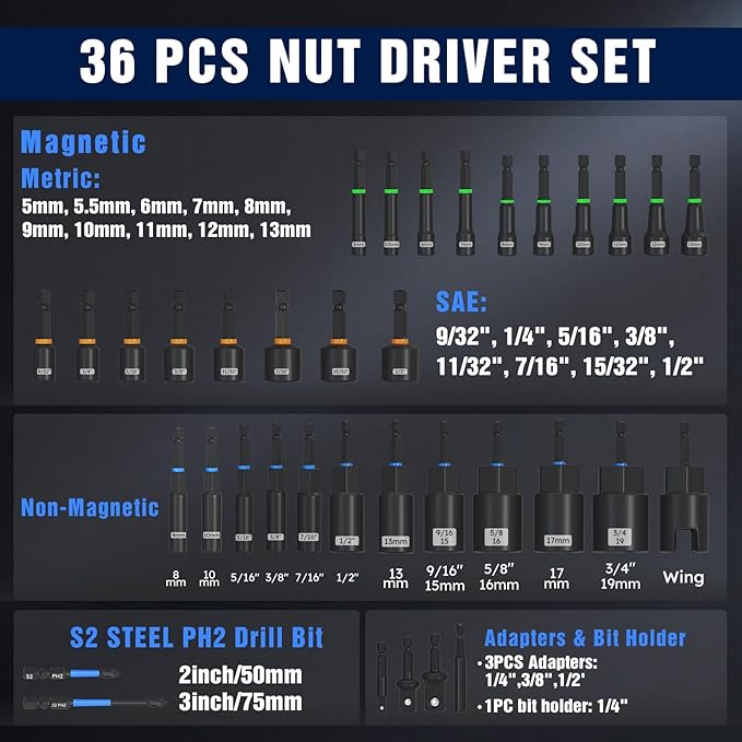 XOOL 36PCS Magnetic Nut Driver Set, Metric and SAE Nut Driver Set for 1/4" Quick-Change Hex Shank, Impact Drill Driver Bit Set with Storage Bag