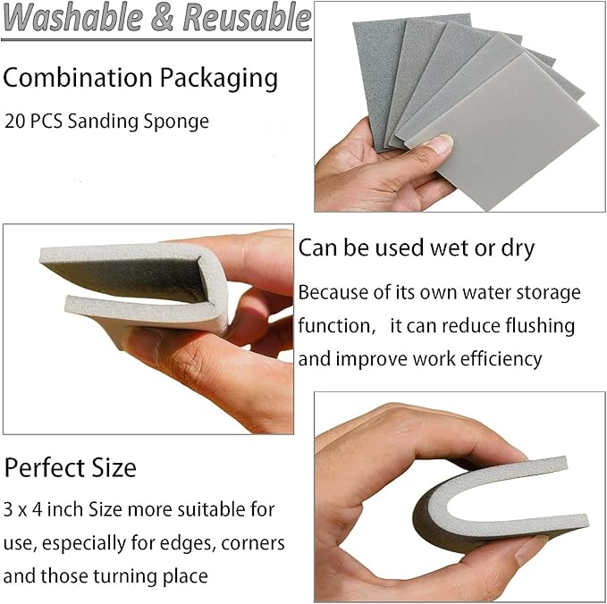20 PCS 3 x 4 Inch 1000 Grit Sanding Sponge, Ultra Fine Sanding Sponges Pads, Soft Foam Hand Sander Block Wet Dry Sandpaper for Model Drywall Metal Wood Furniture Polishing (1000 Grit)