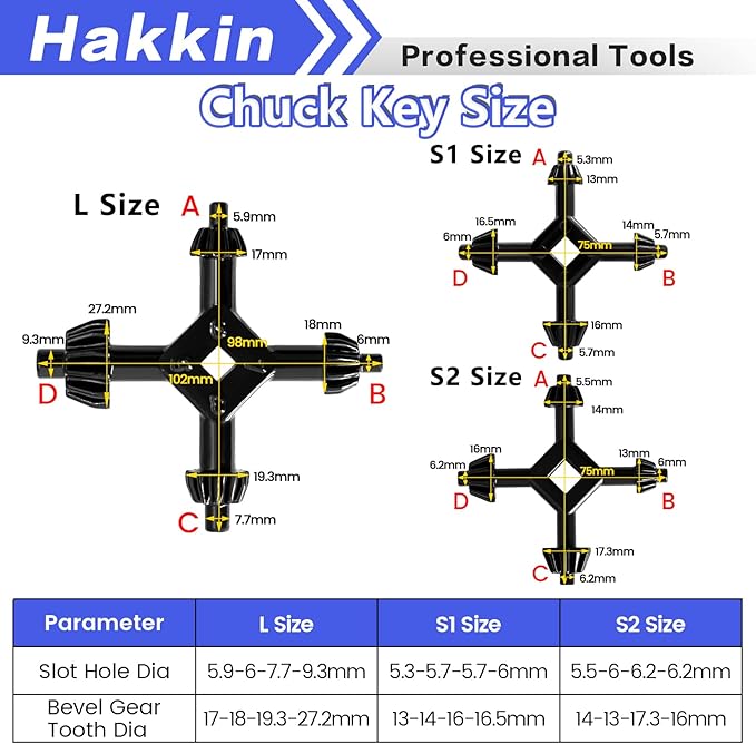 Hakkin 3Pcs 4 in 1 Chuck Wrench 4 way Professional Replacement Tool for Multifunctional Electric Drills Presses Power Tool Chucks 1/4”, 3/8”, 1/2”, 5/8”, 3/4”, 1” (Size L+S1+S2)