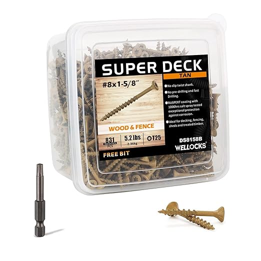 WELLOCKS Deck Screws, Wood Screws, Tan, Superior Rust Resistant, Epoxy Coated, Above 1000 Hour Salt Spray Coating T25 Torx Star Bit Included for Outdoor Wood Fence (5.2LBS Tan, #8횞1-5/8")