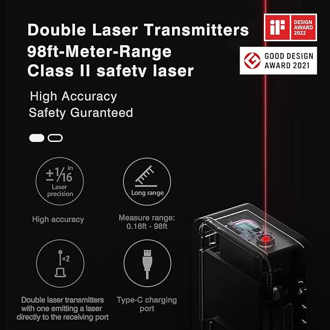HOTO Laser Measuring Tool, Pocket-Size 98Ft Digital Laser Tape Measure 짹2mm Accuracy, USB-C Rechargeable, OLED Display, Ft/M/in Unit Conversion, Real-time Data Sync, Cool Gadgets for Men & Home Use