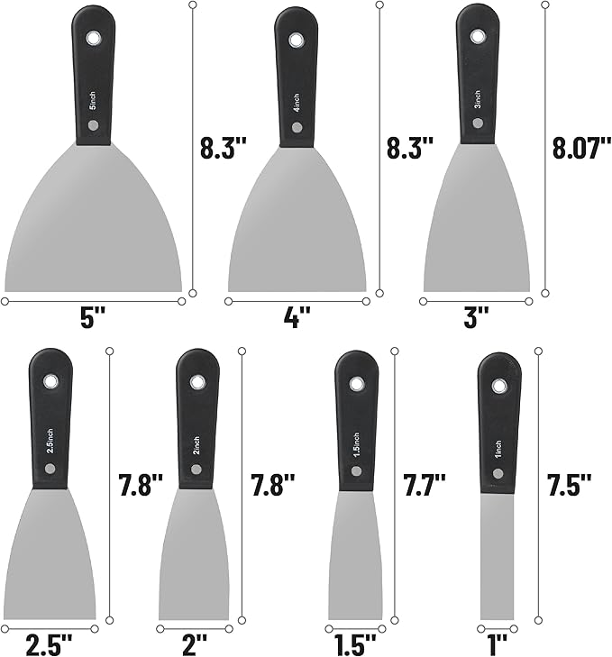 Bates- Putty Knife Set, 7 Pack, Carbon Steel, 1", 1.5", 2", 2.5", 3", 4", 5", Putty Knives, Drywall Knife Set, Putty Knife Scraper Tool, Spackle Knife Set, Paint Scraper Tool, Drywall Knifes Set