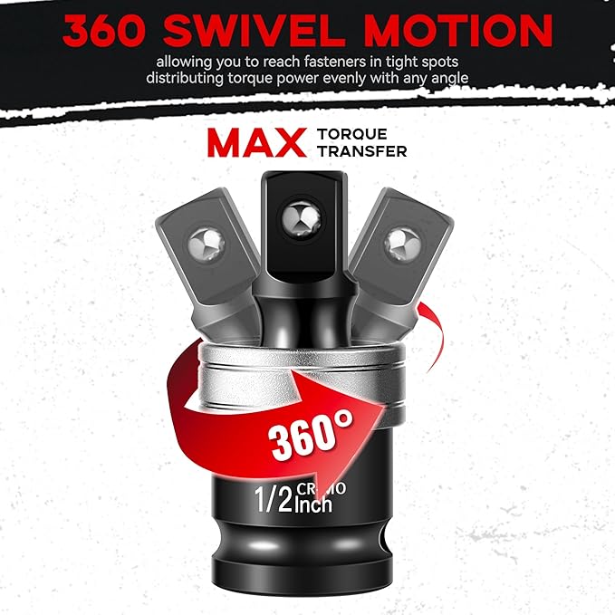 3 Pack Impact Wobble Socket Adapter Kit, 1/2" 3/8" 1/4" Chrome Molybdenum Alloy Steel Universal Joints with 360째 Rotation, Impact Gun Socket Set for Auto Repair & Construction