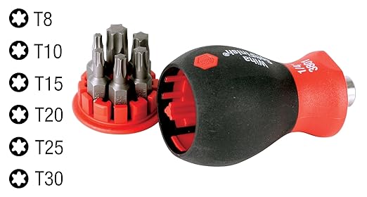 Wiha 38045 Stubby Screwdriver With Six-In-One Insert Bits, Torx