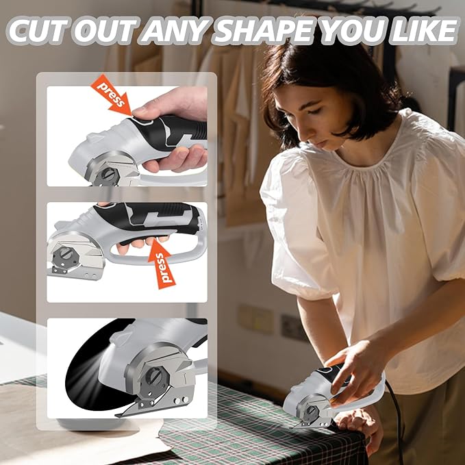 Cordless Electric Scissors, 4V Rechargeable Box Cutter & Cardboard Cutter with Titanium Blade, LED Light, Safety Lock - Rotary Cutter for Fabric, Leather, Carpet, Plastic, Crafting, Sewing (Grey)